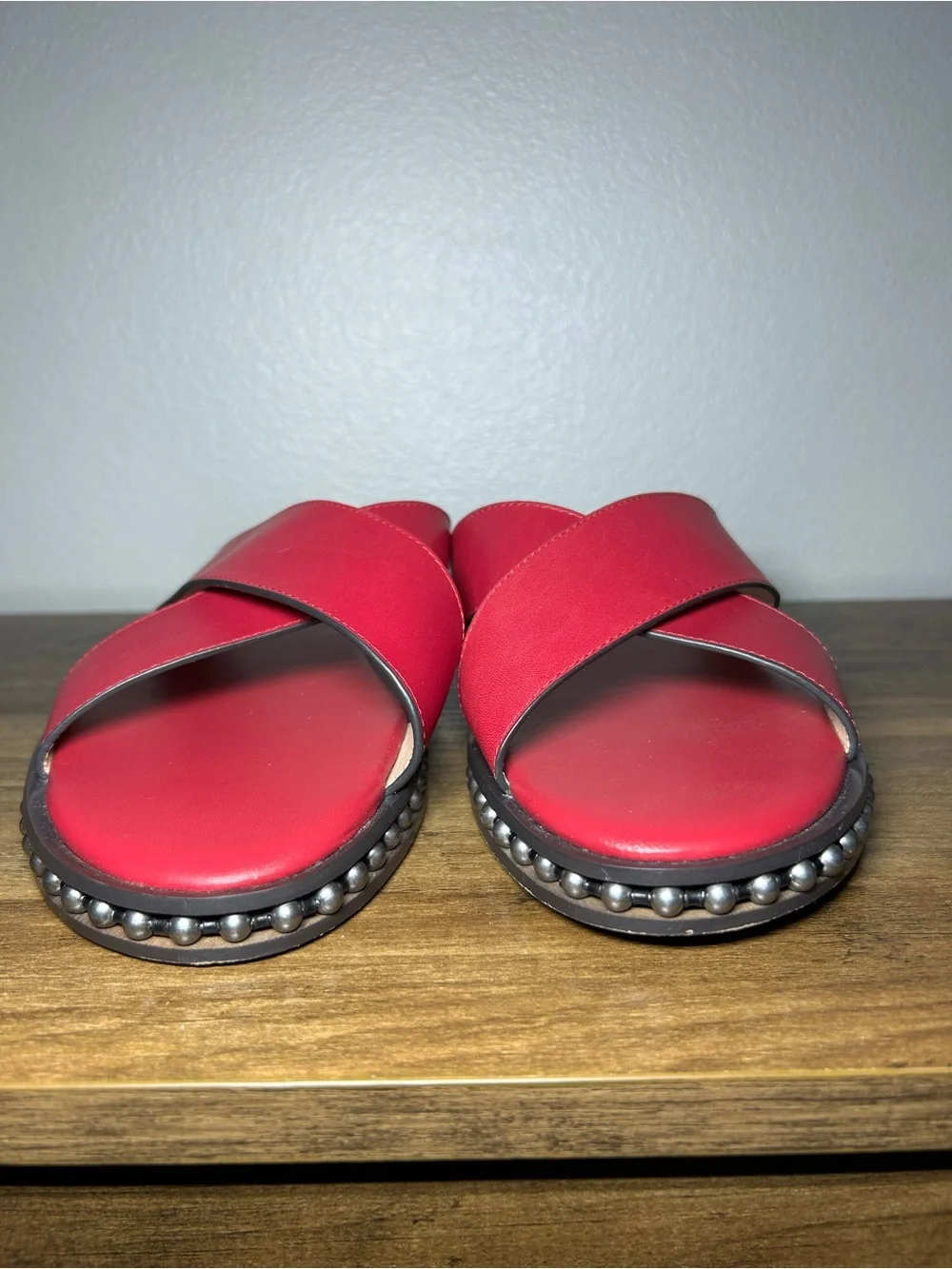 Coach Burgundy Cross-Strap Pearl-Trim Slide Sandals